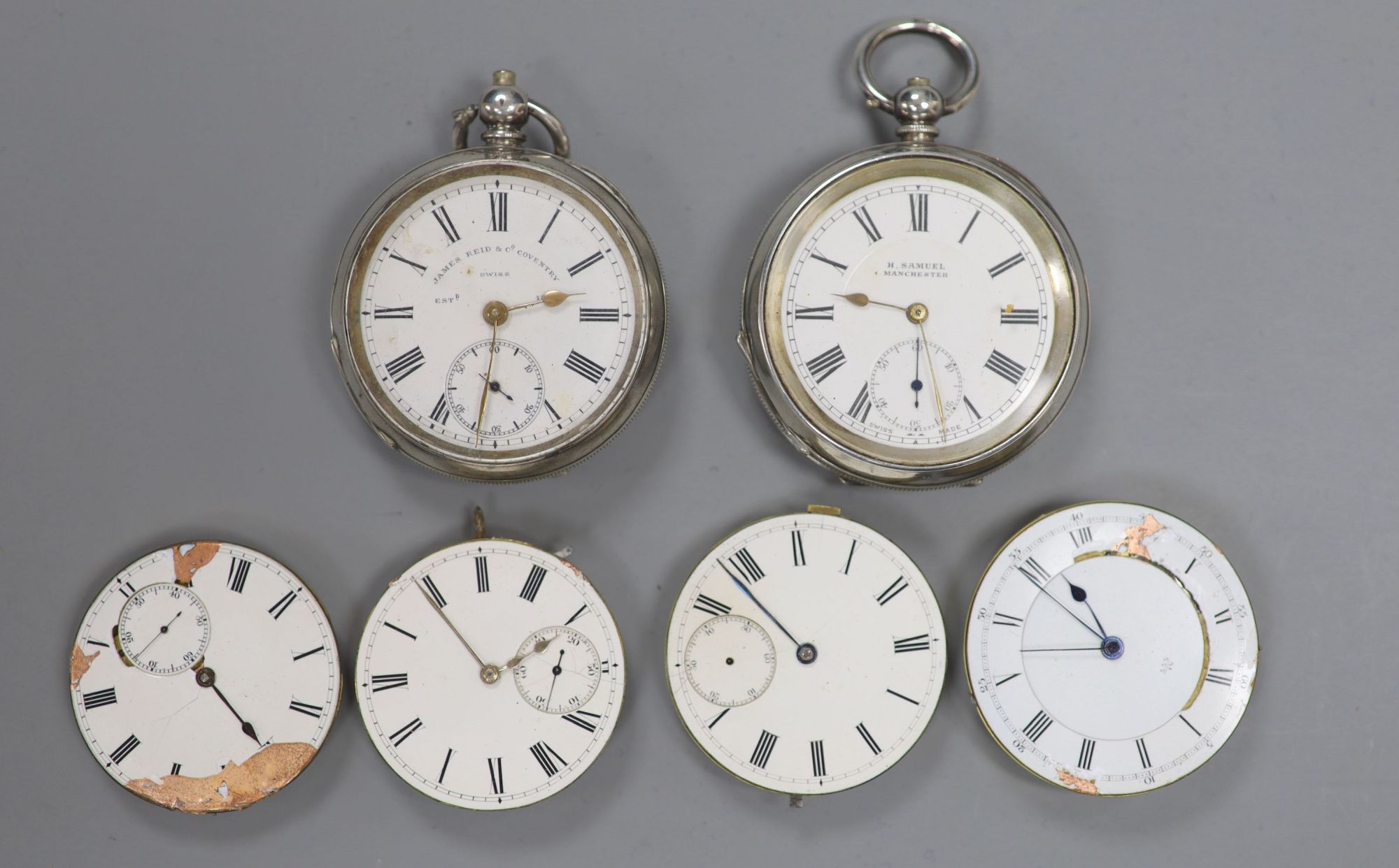 Two early 20th century silver or white metal pocket watches and four assorted pocket watch movements.